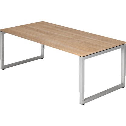 Desk with frame made of rectangular tubular steel, height 650 - 850 mm, WxD 2000 x 1000 mm, walnut / aluminium silver.