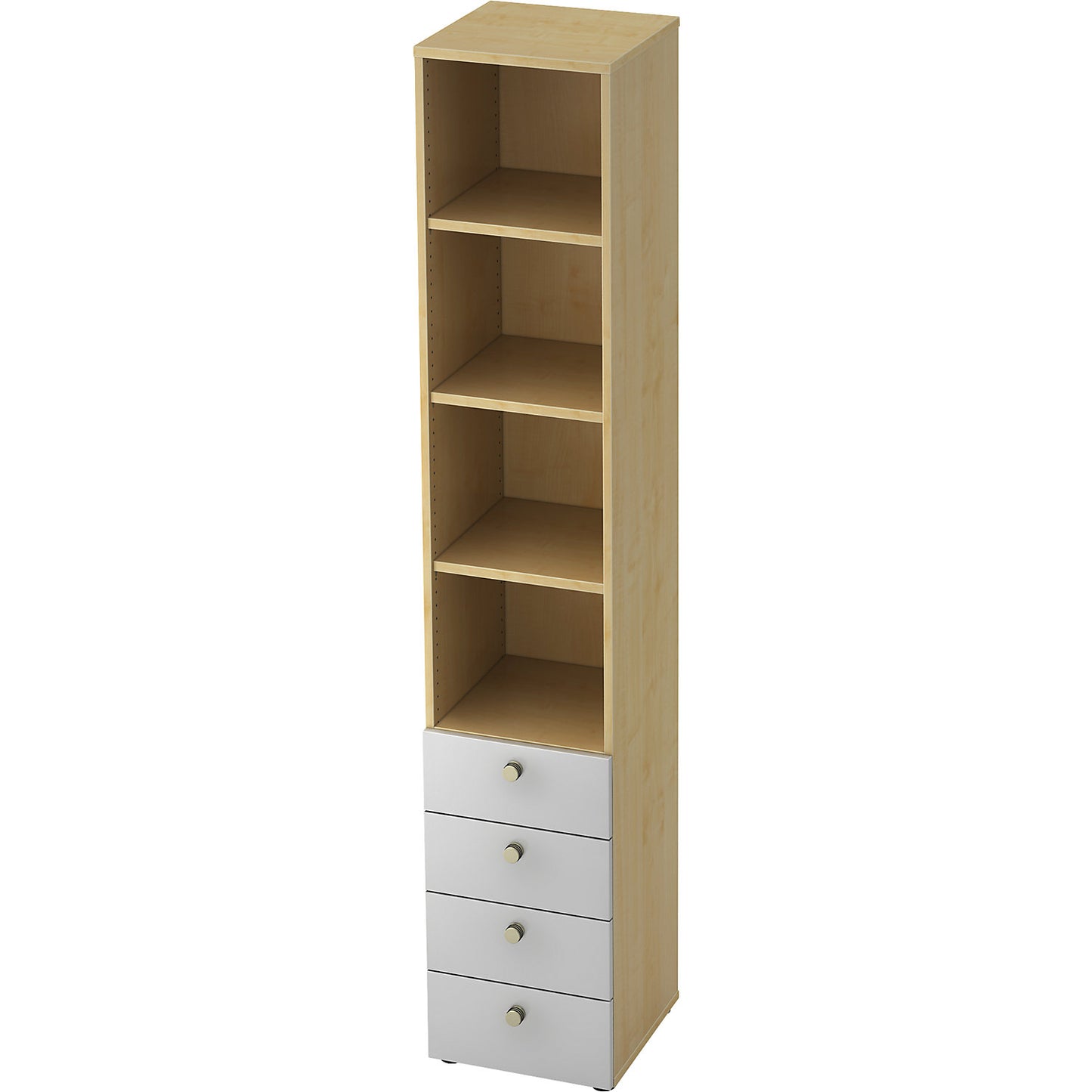 Combination cupboards, 3 shelves, 4 drawers, maple finish / aluminium silver.