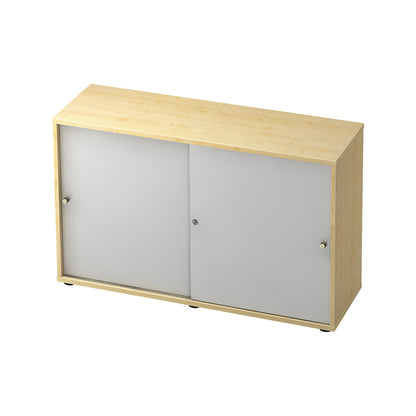 Sliding door cupboard, 1 shelf, centre partition, maple finish / white aluminium.
