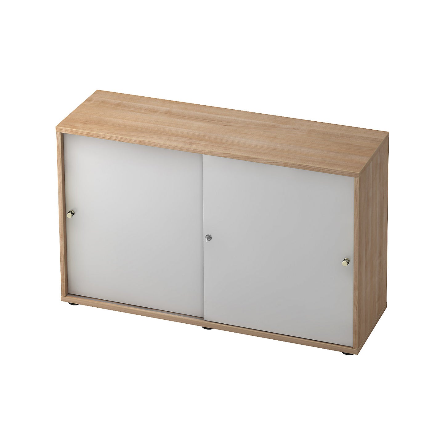 Sliding door cupboard, 1 shelf, centre partition, walnut finish / white aluminium.