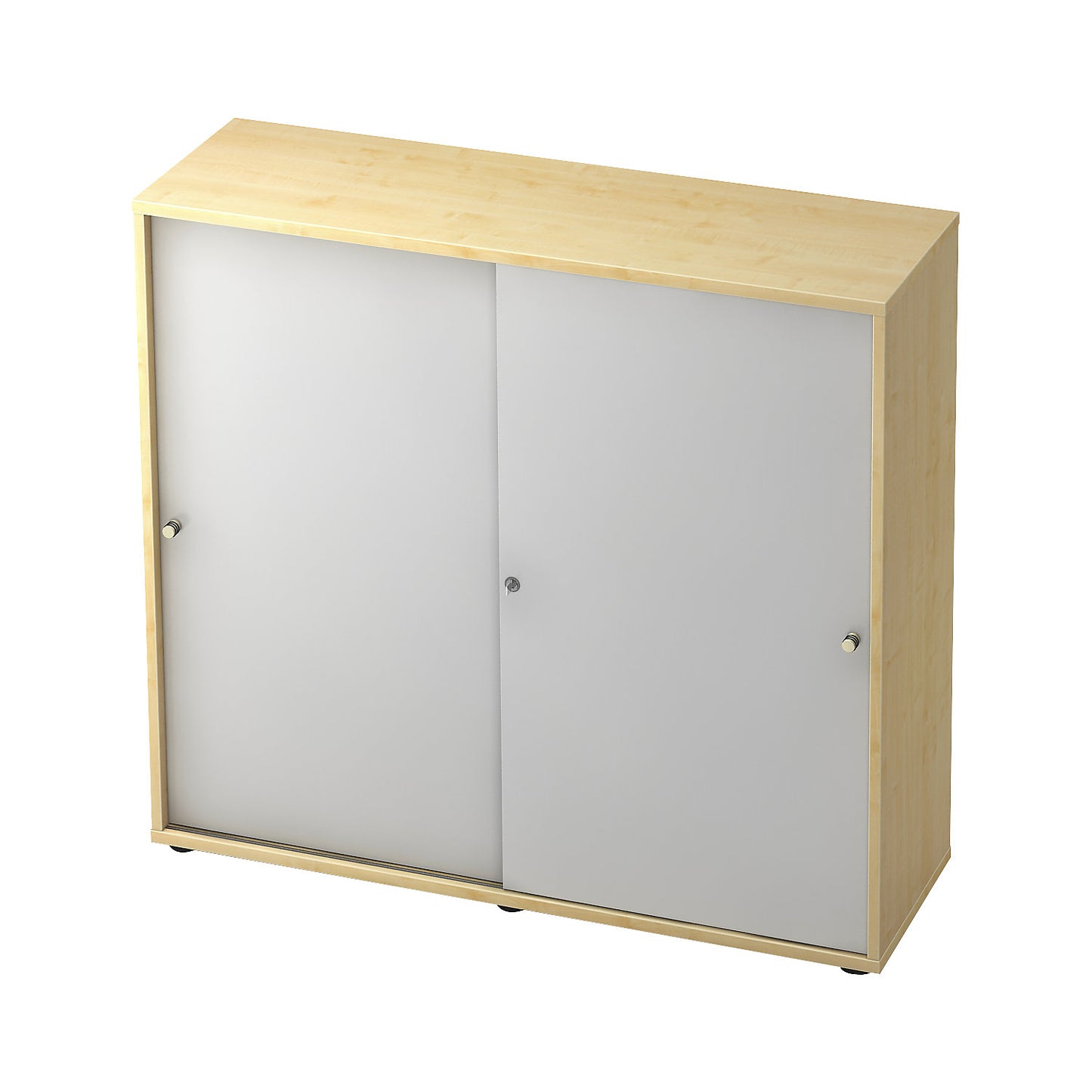 Sliding door cupboard, 2 shelves, centre partition, maple finish / white aluminium.