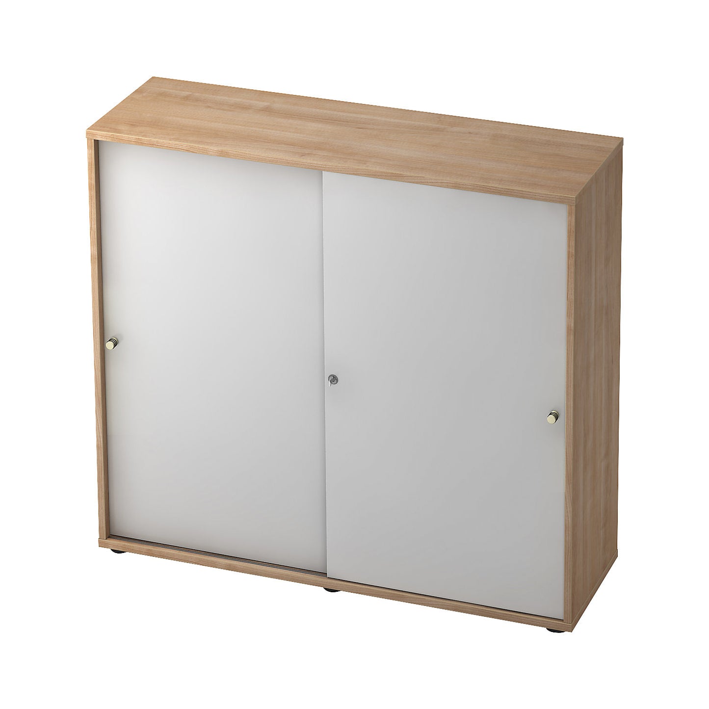 Sliding door cupboard, 2 shelves, centre partition, walnut finish / white aluminium.