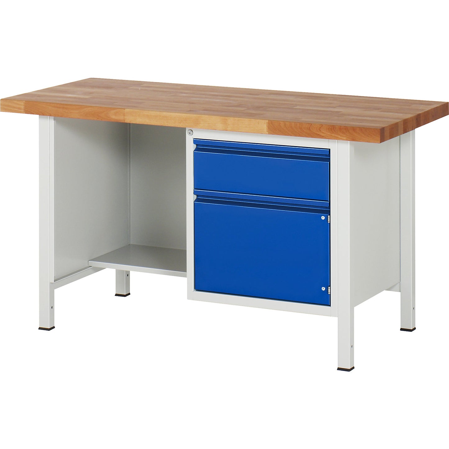 Workbench, frame construction Series 8500, 1 drawer, 1 door, 1 open compartment with recessed shelf, panel width 1500 mm, gentian blue.