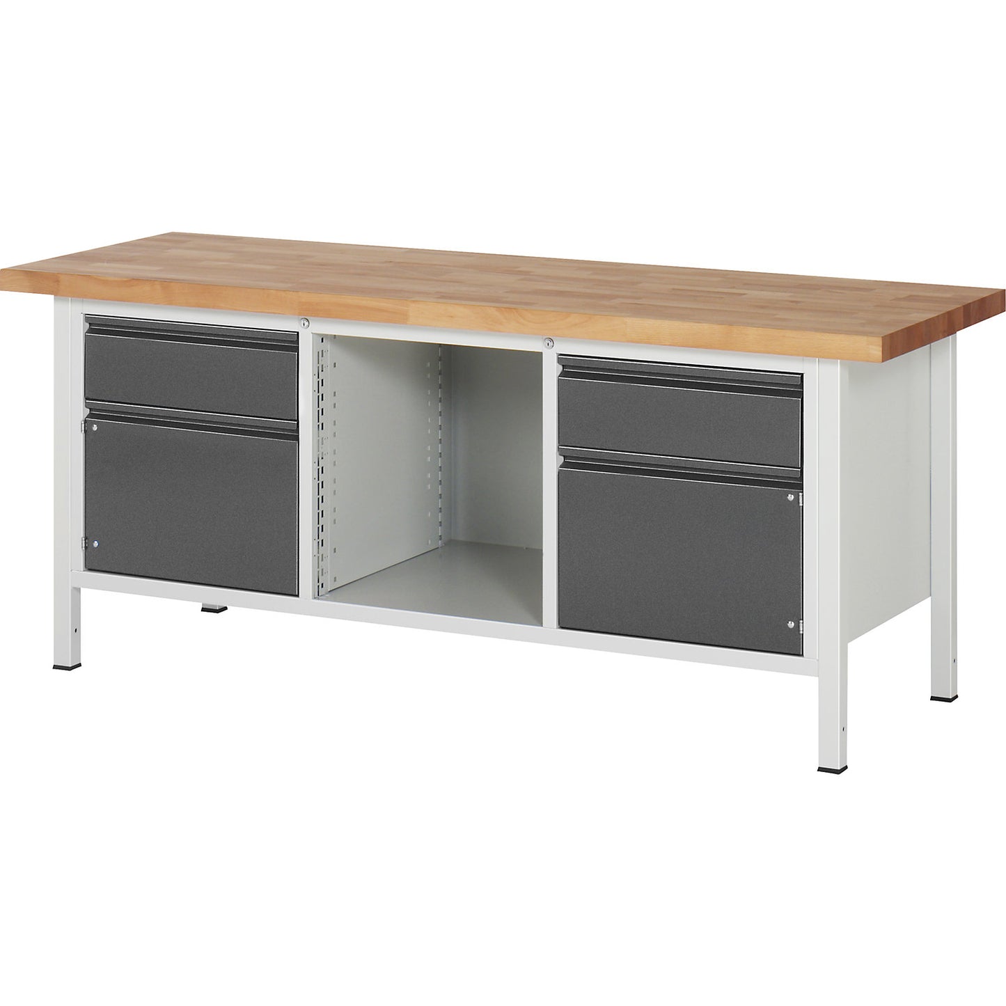 Workbench, frame construction Series 8500, 2 drawers, 2 doors, 1 open compartment, worktop width 2000 mm, metallic charcoal.