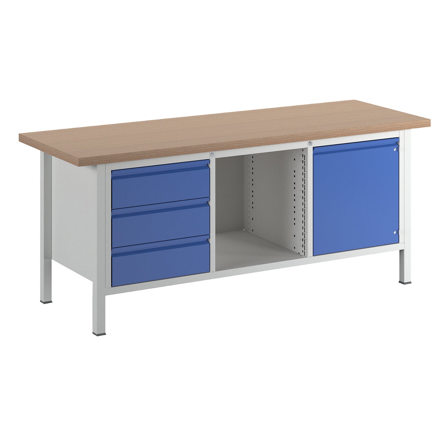 Workbench, frame construction Series 8500, 3 drawers, 1 door, 1 open compartment, worktop width 2000 mm, gentian blue.