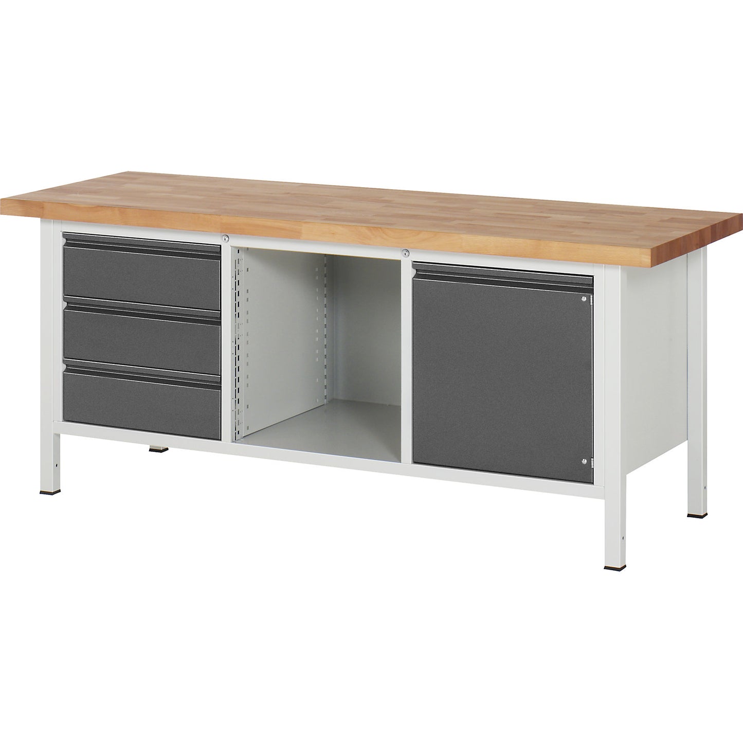 Workbench, frame construction Series 8500, 3 drawers, 1 door, 1 open compartment, worktop width 2000 mm, metallic charcoal.