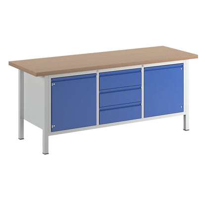 Workbench, frame construction Series 8500, 3 drawers, 2 doors, worktop width 2000 mm, gentian blue.