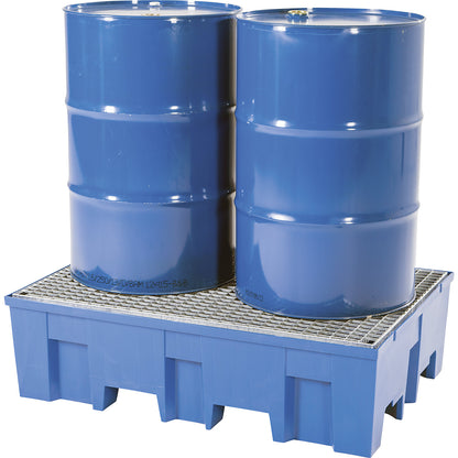PE sump tray for 2 x 200 litre drums, clearance for forklift, height 350 mm, with zinc plated grate.