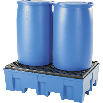 PE sump tray for 2 x 200 litre drums, clearance for forklift, height 350 mm, with PE mesh grid.