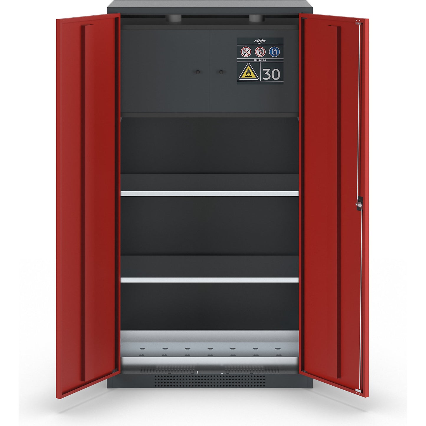 Chemical storage cupboard, solid door, with type 30 hazardous goods storage box, traffic red.