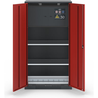 Chemical storage cupboard, solid door, with type 30 hazardous goods storage box, traffic red.