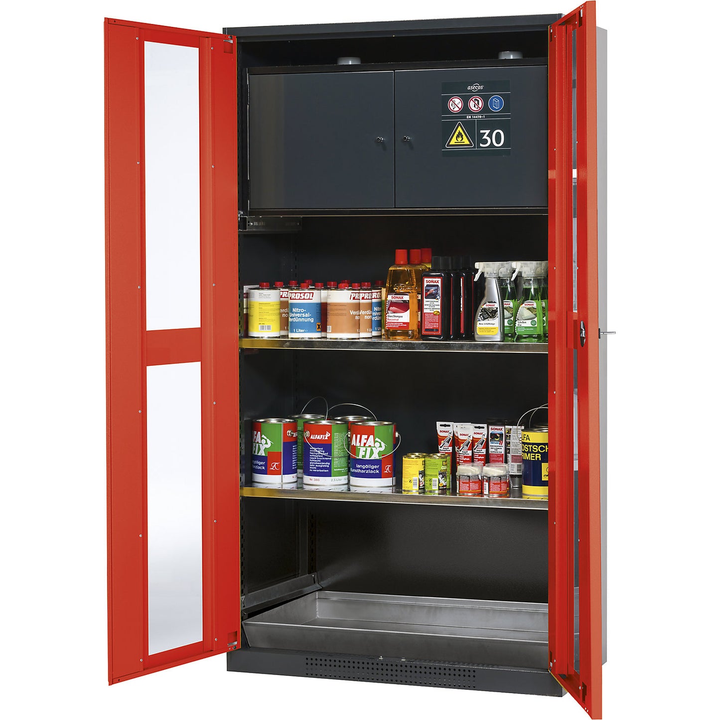 Chemical storage cupboard, door with vision panels, with type 30 hazardous goods storage box, traffic red.