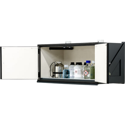 Type 30 hazardous goods wall mounted storage cupboard, fire resistant, without lock, external dimensions HxWxD 482 x 995 x 470 mm.