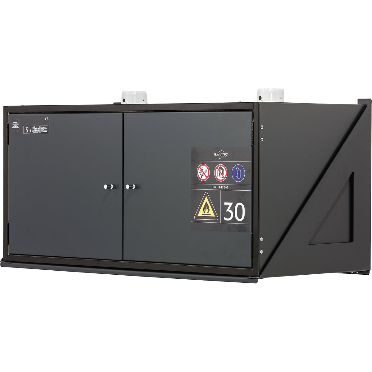 Type 30 hazardous goods wall mounted storage cupboard, fire resistant, without lock, external dimensions HxWxD 482 x 995 x 470 mm.