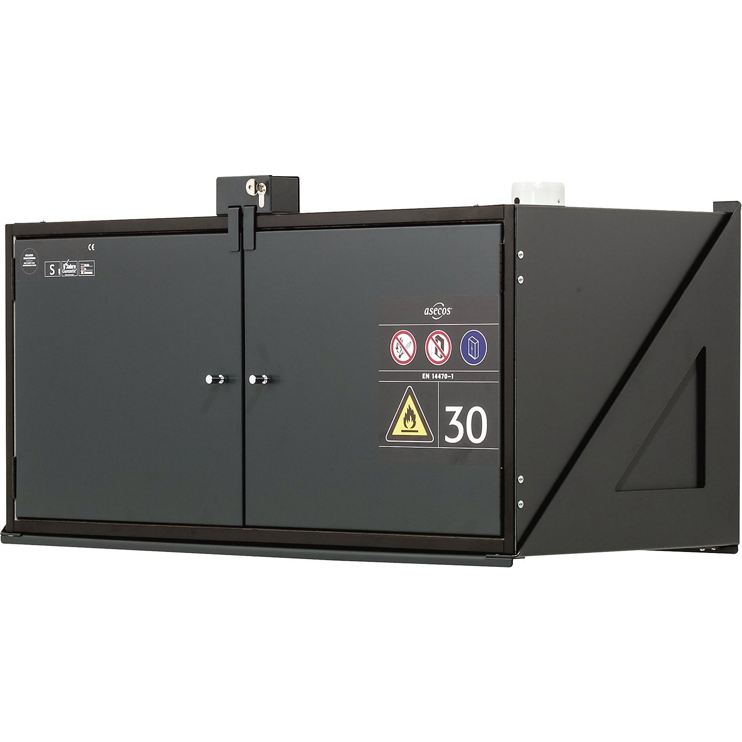 Type 30 hazardous goods wall mounted storage cupboard, fire resistant, with lock, external dimensions HxWxD 482 x 995 x 470 mm.