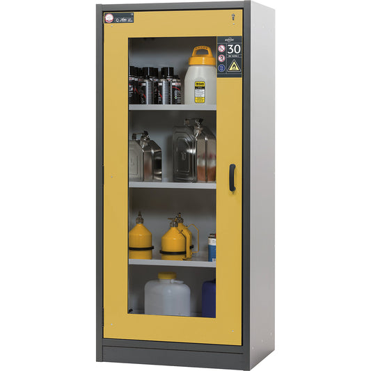 Fire resistant hazardous goods cupboard, type 30, with vision panel, gold yellow.