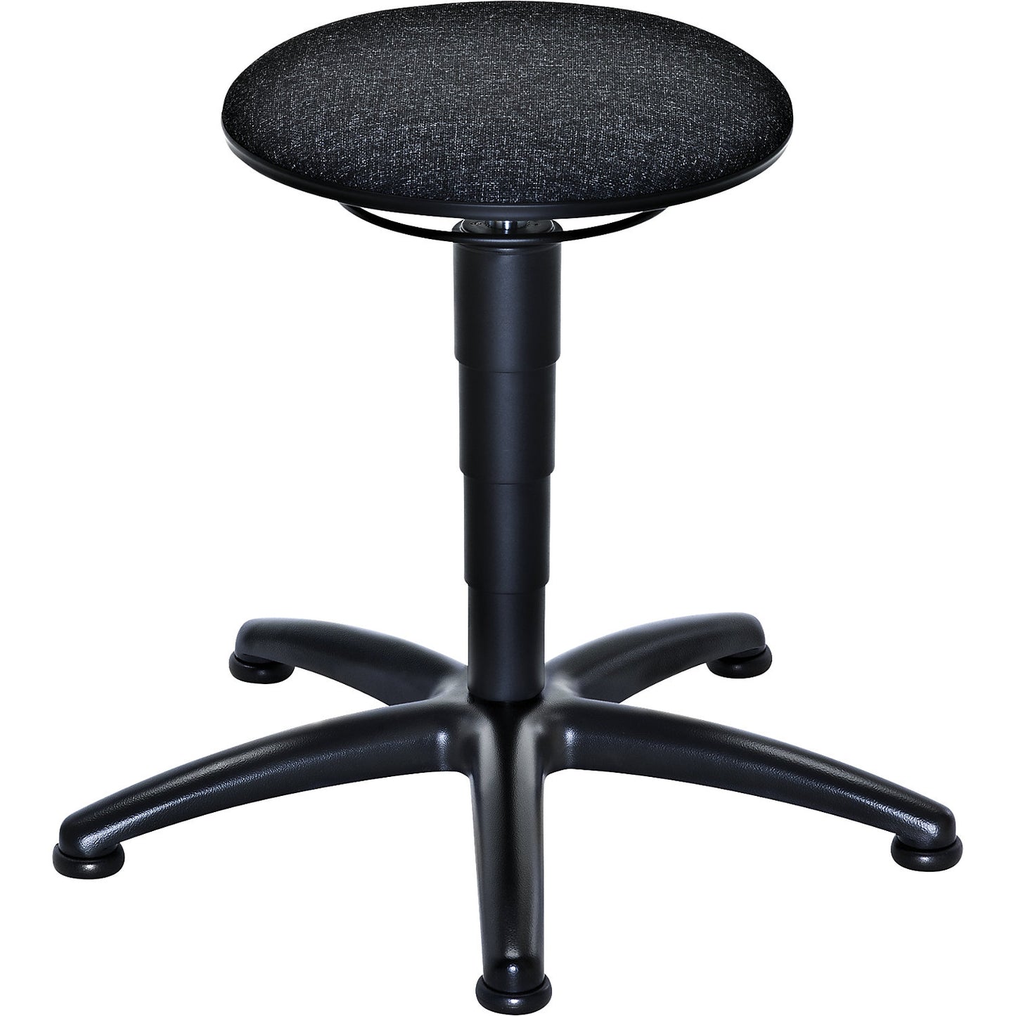 Industrial stool with gas lift height adjustment, fabric upholstered seat, with floor glides.