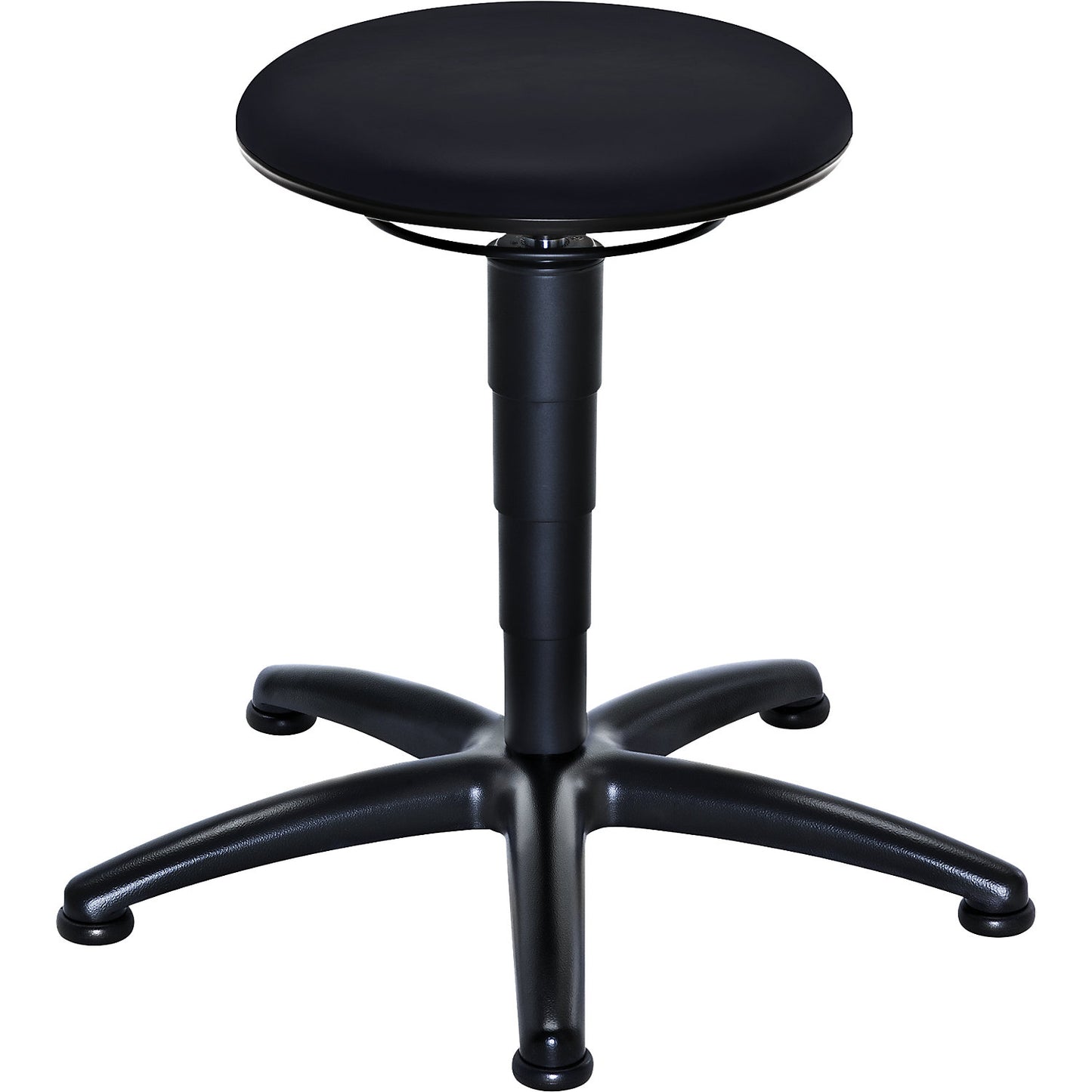 Industrial stool with gas lift height adjustment, black vinyl seat, with floor glides.