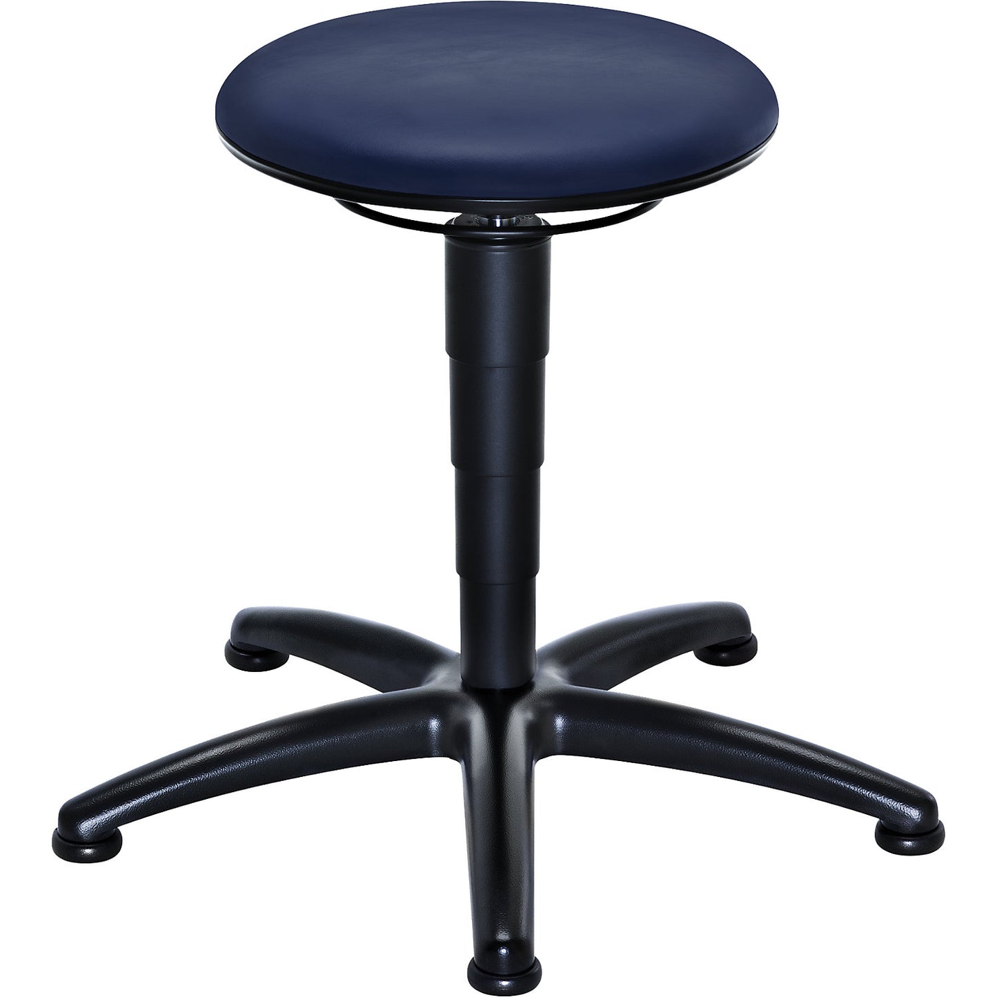 Industrial stool with gas lift height adjustment, blue vinyl seat, with floor glides.