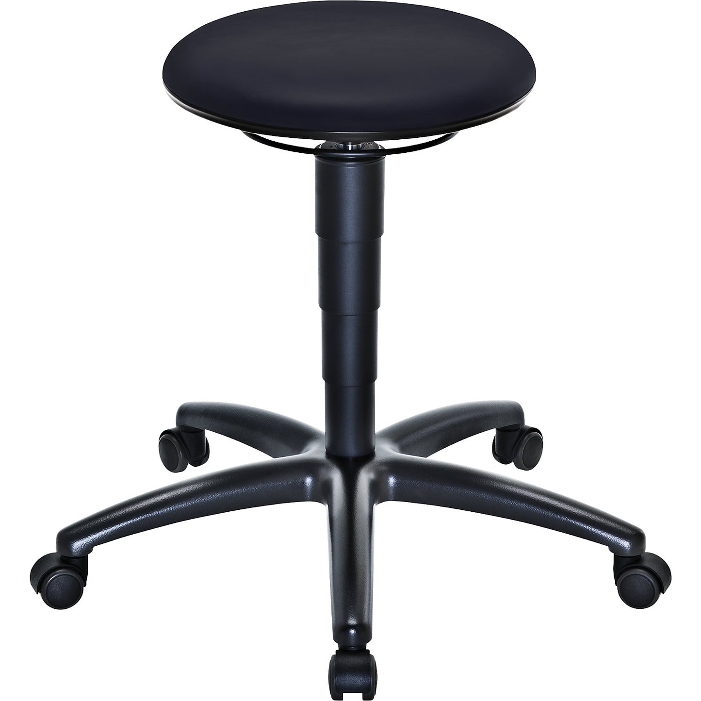 Industrial stool with gas lift height adjustment, black vinyl seat, with castors.