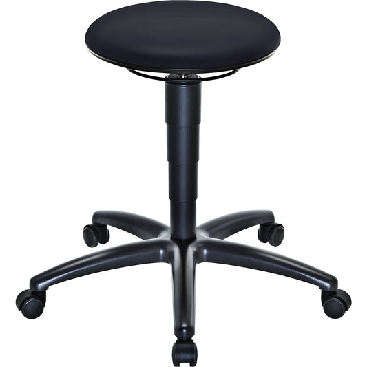Industrial stool with gas lift height adjustment, black vinyl seat, with castors.