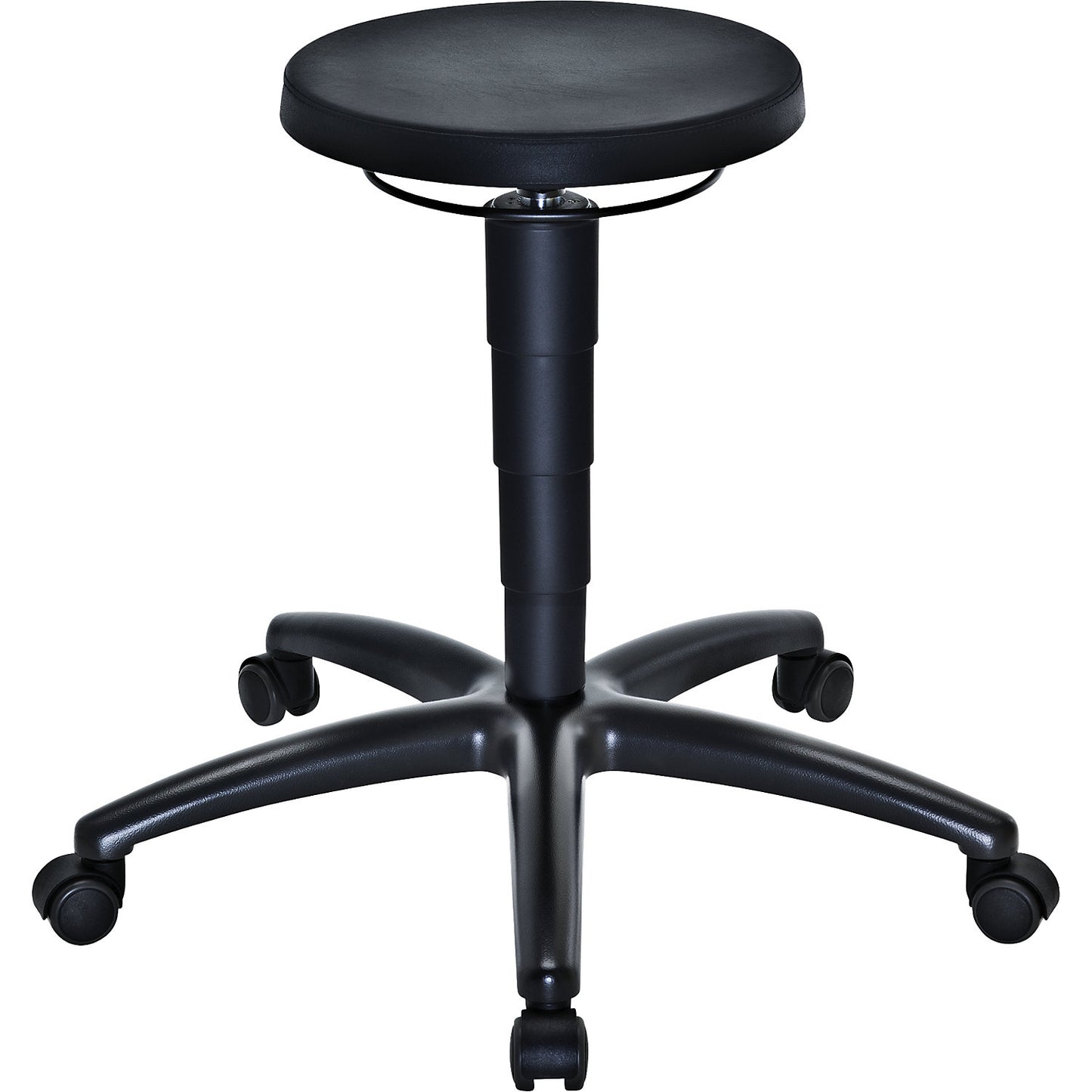 Industrial stool with gas lift height adjustment, polyurethane foam seat, with castors.