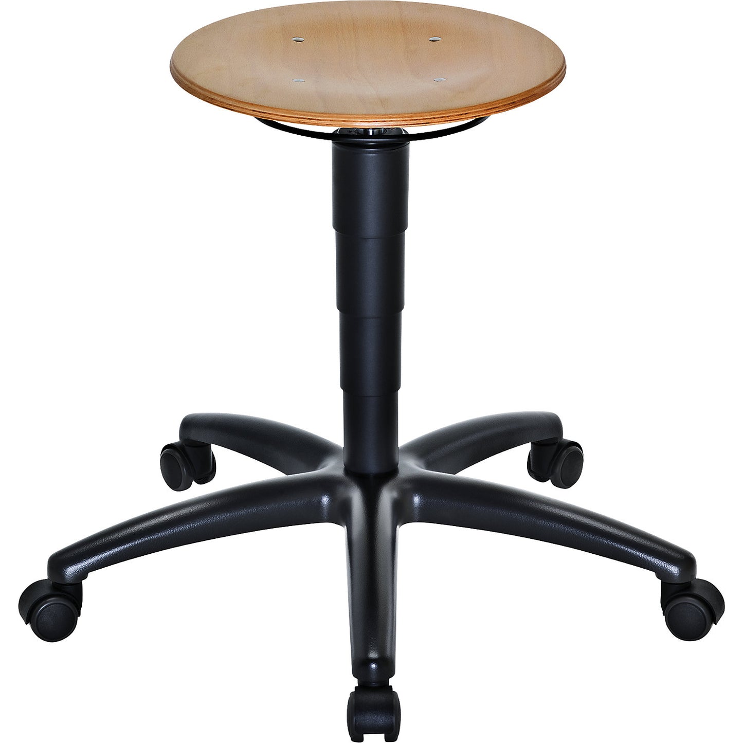 Industrial stool with gas lift height adjustment, beech plywood seat, with castors.