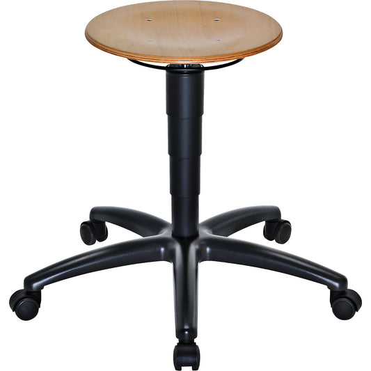 Industrial stool with gas lift height adjustment, beech plywood seat, with castors.