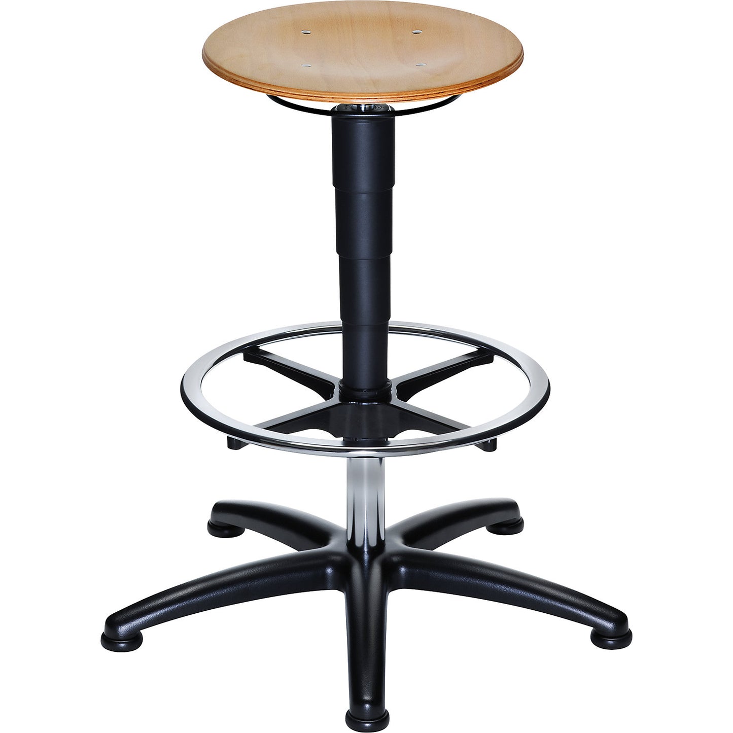 Industrial stool with gas lift height adjustment, beech plywood seat, with floor glides and foot ring.