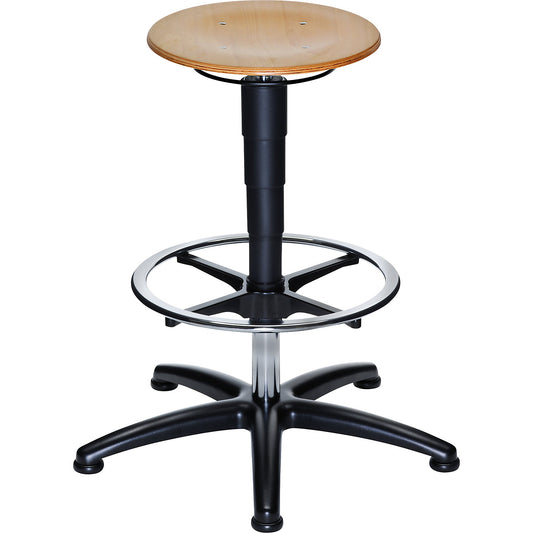 Industrial stool with gas lift height adjustment, beech plywood seat, with floor glides and foot ring.