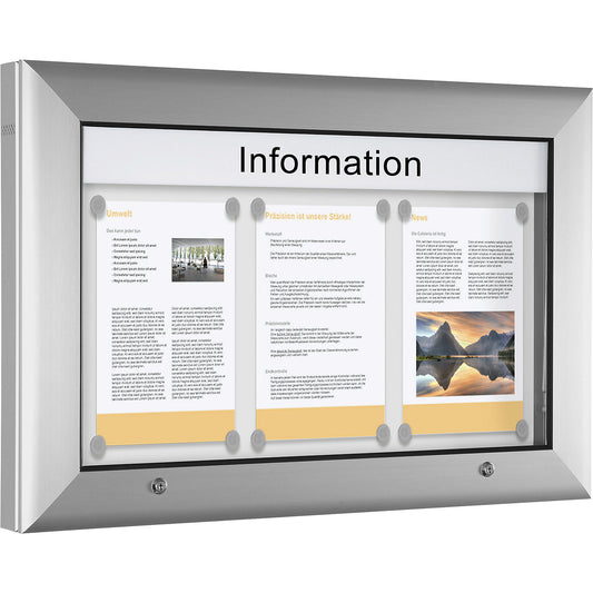 Display case for indoor and outdoor use, landscape format, for A2, door opens upwards 90°, rear panel colour pure white.