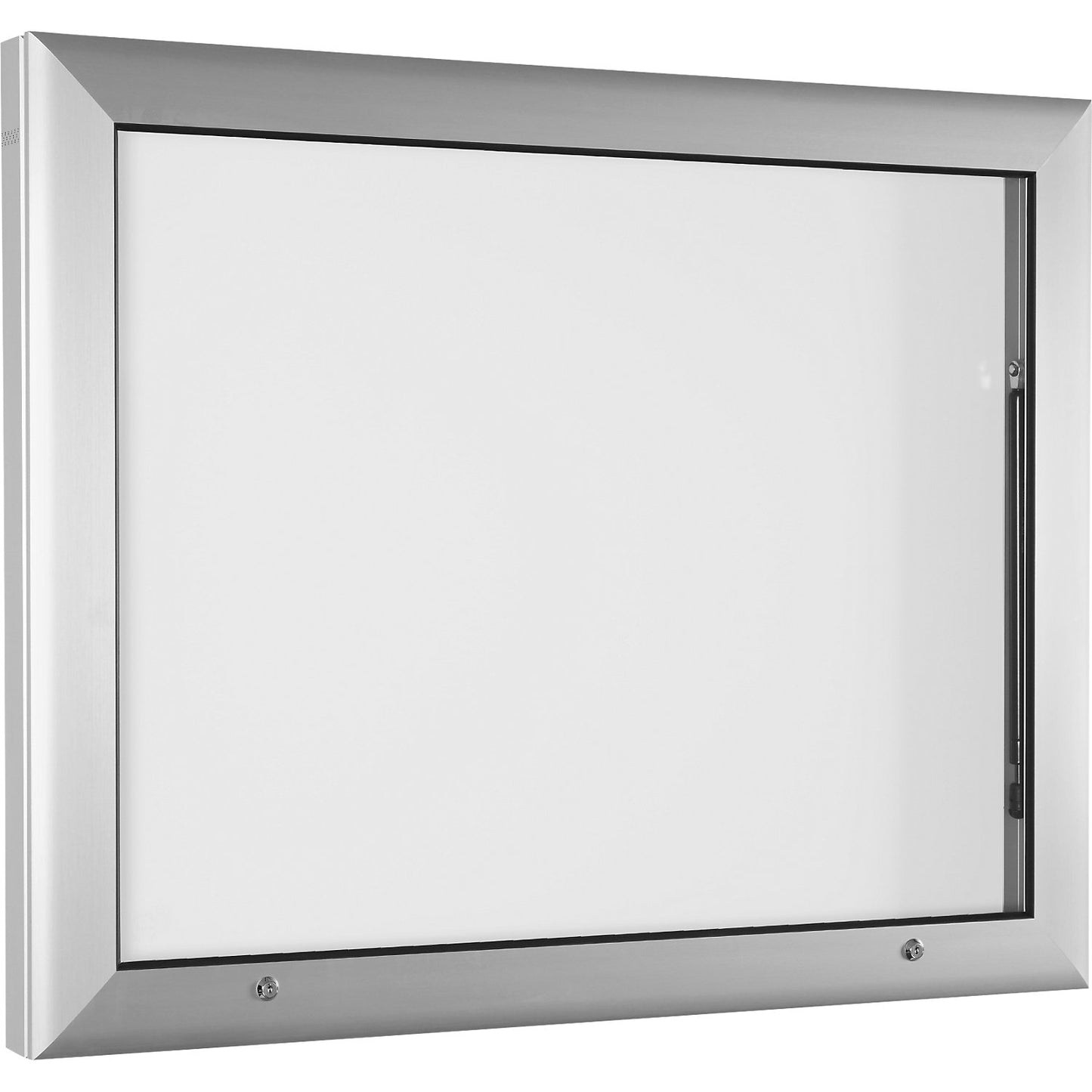 Display case for indoor and outdoor use, landscape format, for A1, door opens upwards 90°, rear panel colour pure white.