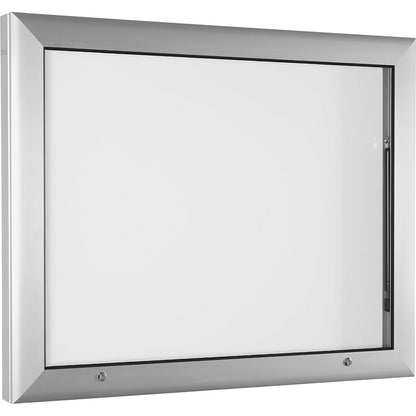 Display case for indoor and outdoor use, landscape format, for A1, door opens upwards 90°, rear panel colour pure white.