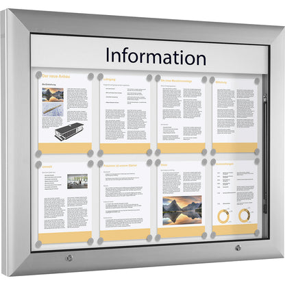Display case for indoor and outdoor use, landscape format, for A1, door opens upwards 90°, rear panel colour pure white.
