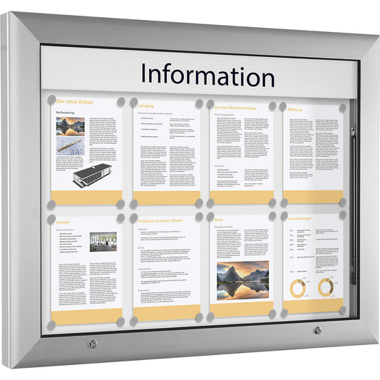 Display case for indoor and outdoor use, landscape format, for A1, door opens upwards 90°, rear panel colour pure white.