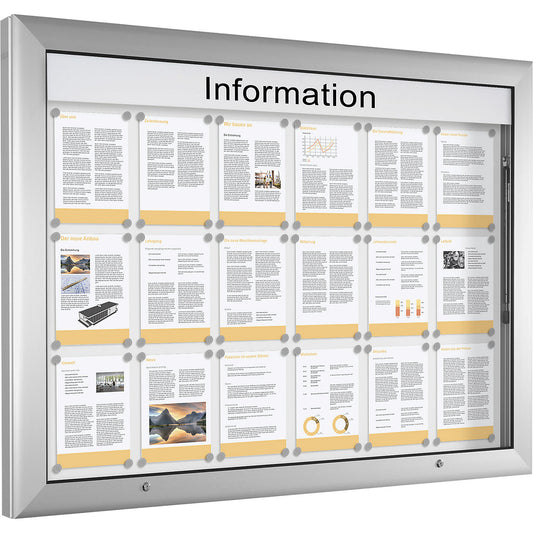 Display case for indoor and outdoor use, landscape format, for A0, door opens upwards 90°, rear panel colour pure white.
