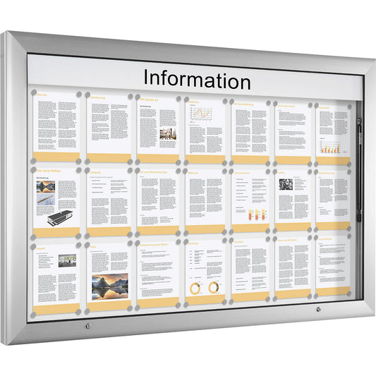 Display case for indoor and outdoor use, landscape format, over sized, WxH 1600 x 1025 mm, door opens upwards 90°, rear panel colour pure white.