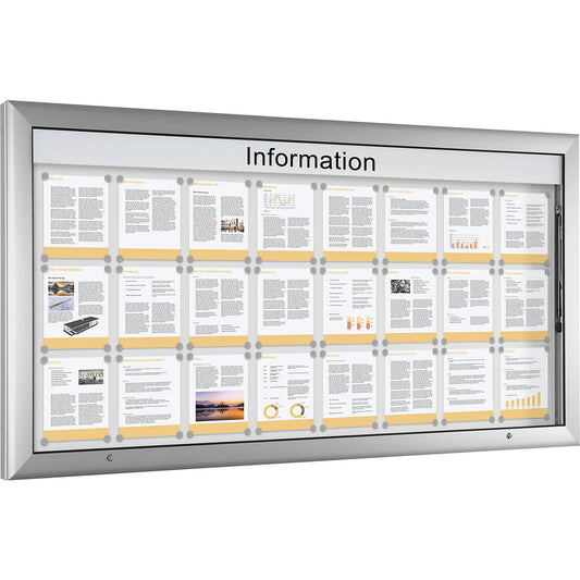 Display case for indoor and outdoor use, landscape format, over sized, WxH 2000 x 1025 mm, door opens upwards 90°, rear panel colour pure white.