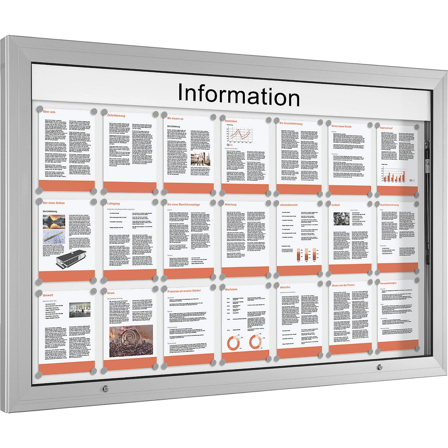 Display case, door opens upwards 90°, over sized, rear panel in pure white.
