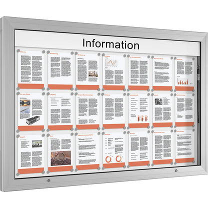 Display case, door opens upwards 90°, over sized, rear panel in pure white.
