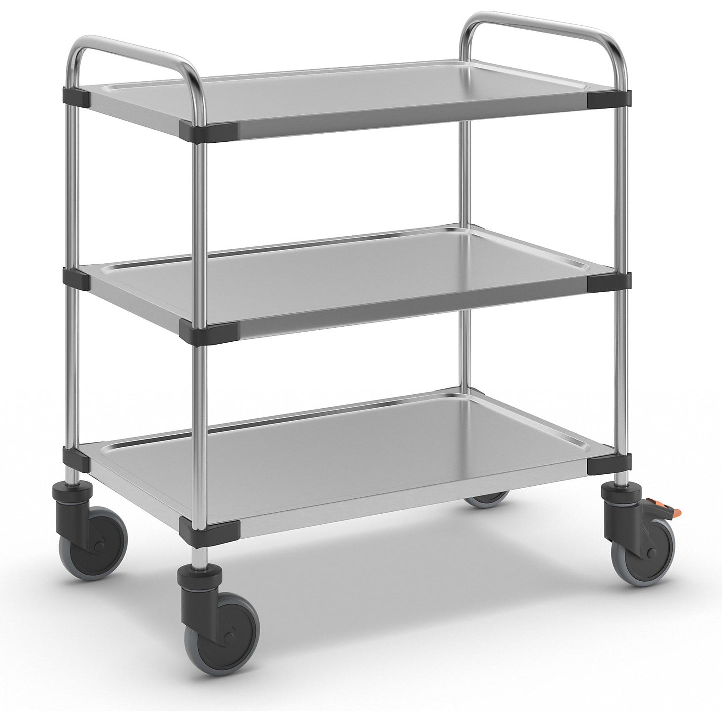 Stainless steel table trolley, with 3 shelves, LxWxH 870 x 570 x 950 mm, assembled.