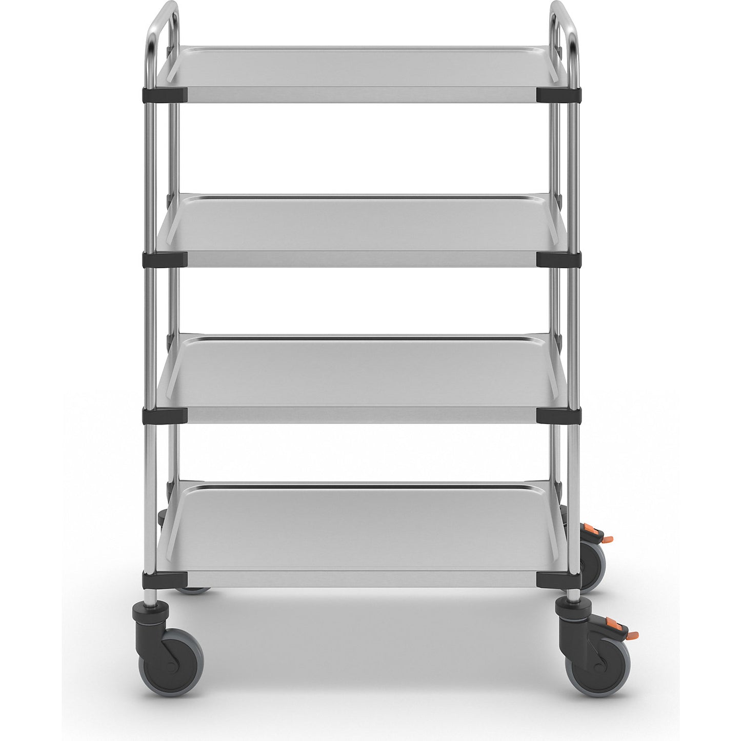 Stainless steel table trolley, with 4 shelves, LxWxH 870 x 570 x 1260 mm, assembled.