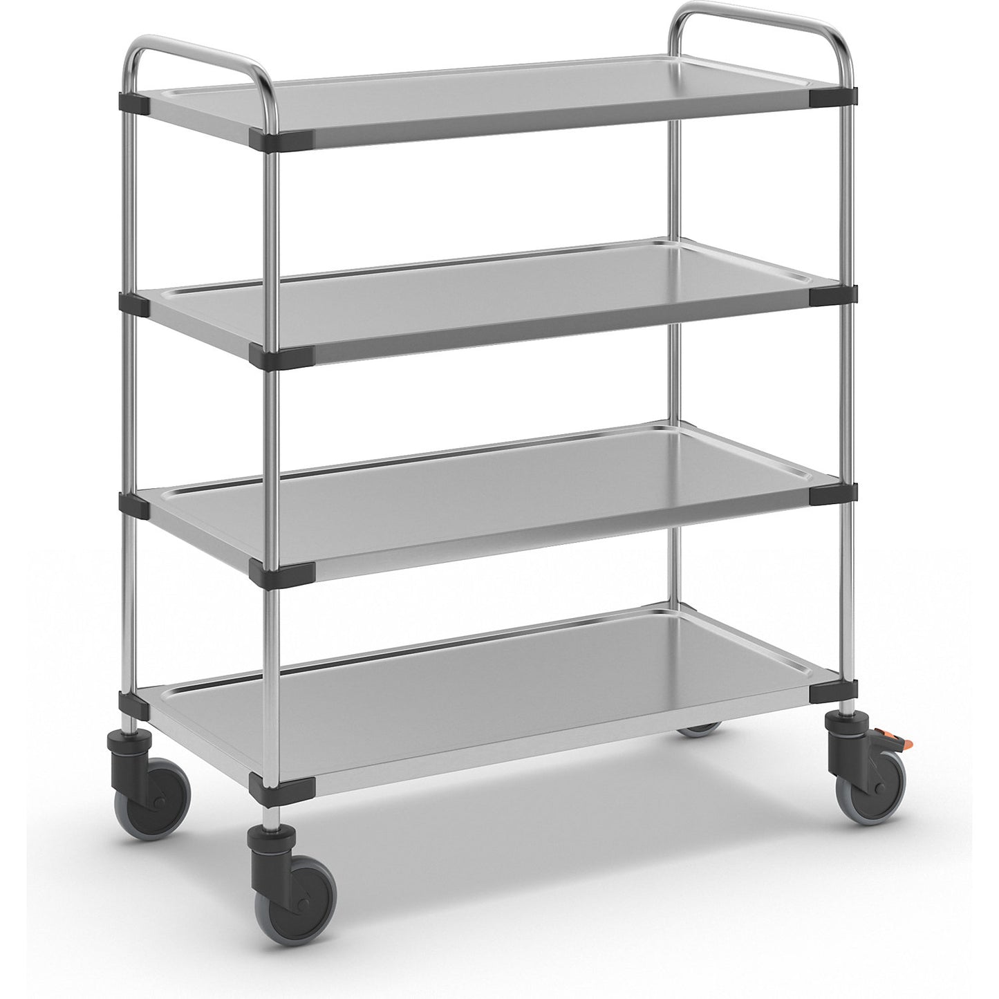 Stainless steel table trolley, with 4 shelves, LxWxH 1070 x 570 x 1260 mm, unassembled.