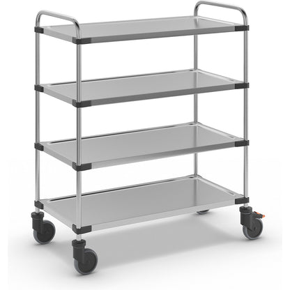 Stainless steel table trolley, with 4 shelves, LxWxH 1070 x 570 x 1260 mm, unassembled.
