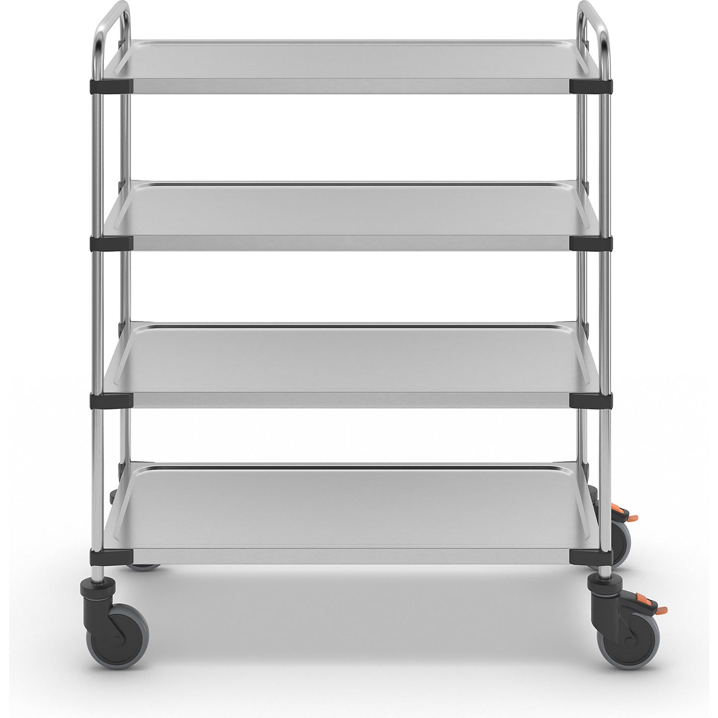 Stainless steel table trolley, with 4 shelves, LxWxH 1070 x 570 x 1260 mm, assembled.