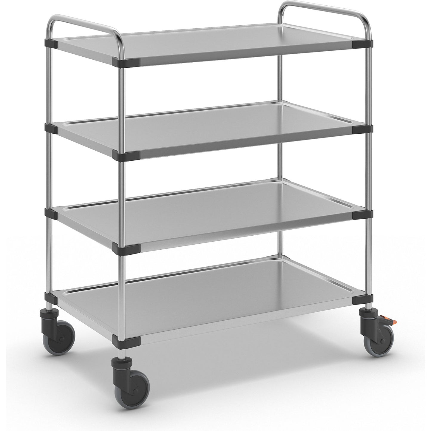 Stainless steel table trolley, with 4 shelves, LxWxH 1070 x 670 x 1260 mm, assembled.