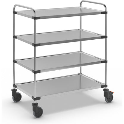 Stainless steel table trolley, with 4 shelves, LxWxH 1070 x 670 x 1260 mm, assembled.