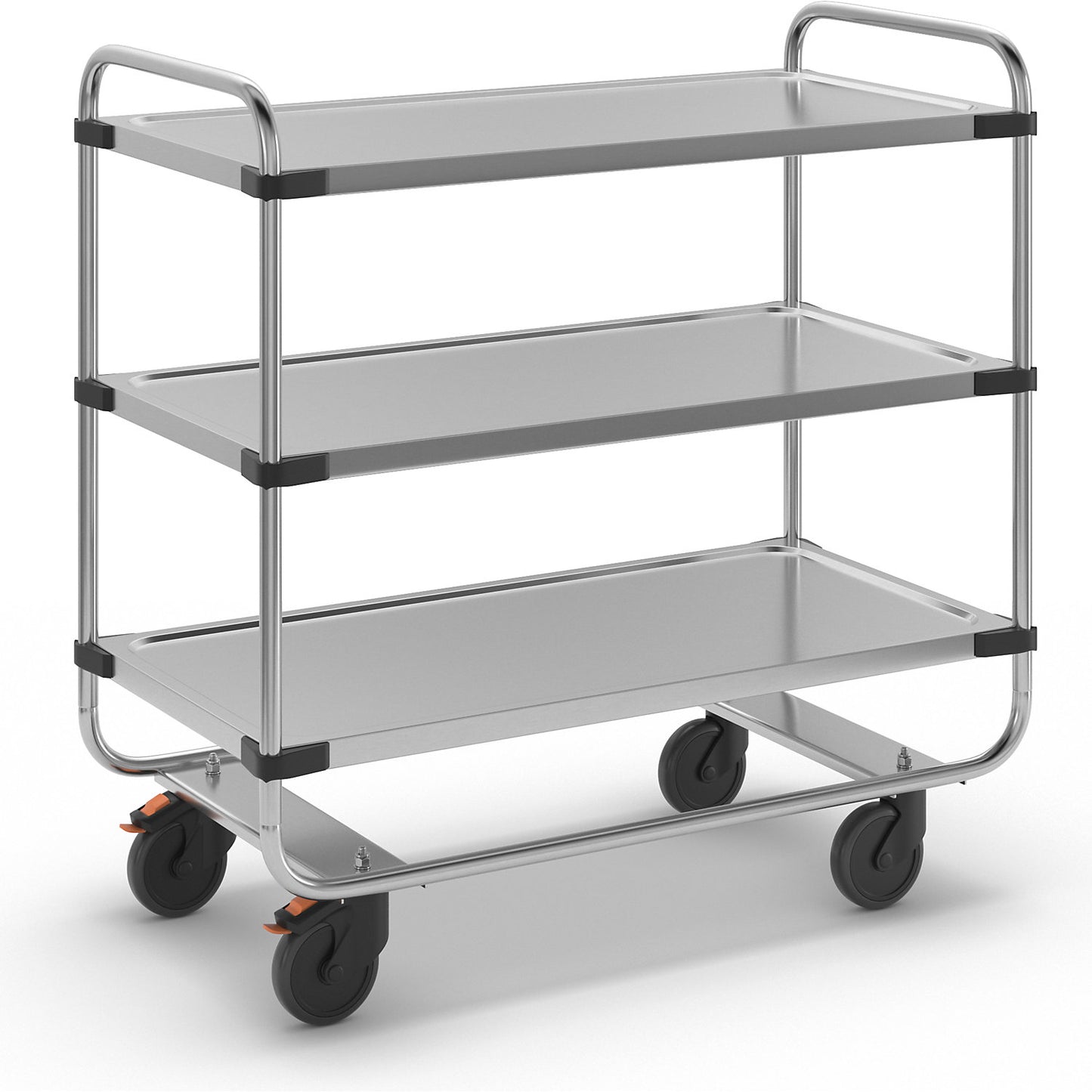 Stainless steel serving trolley, assembled, with 3 shelves, LxWxH 1035 x 535 x 1040 mm.