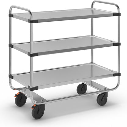 Stainless steel serving trolley, assembled, with 3 shelves, LxWxH 1035 x 535 x 1040 mm.