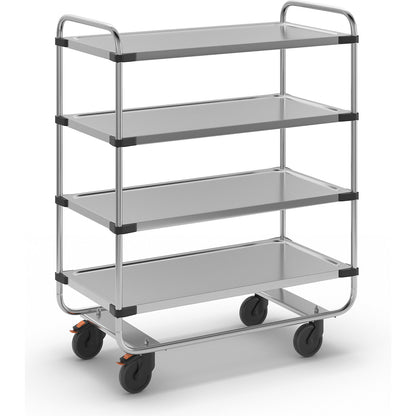 Stainless steel serving trolley, assembled, with 4 shelves, LxWxH 1035 x 535 x 1310 mm.